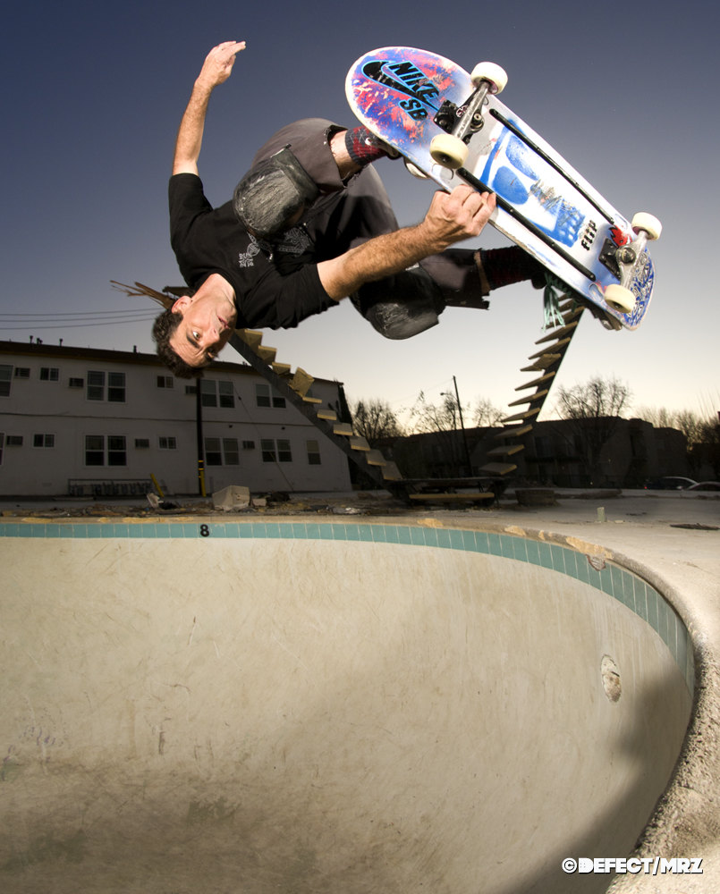 Lance Mountain hanging in the jaws of life.